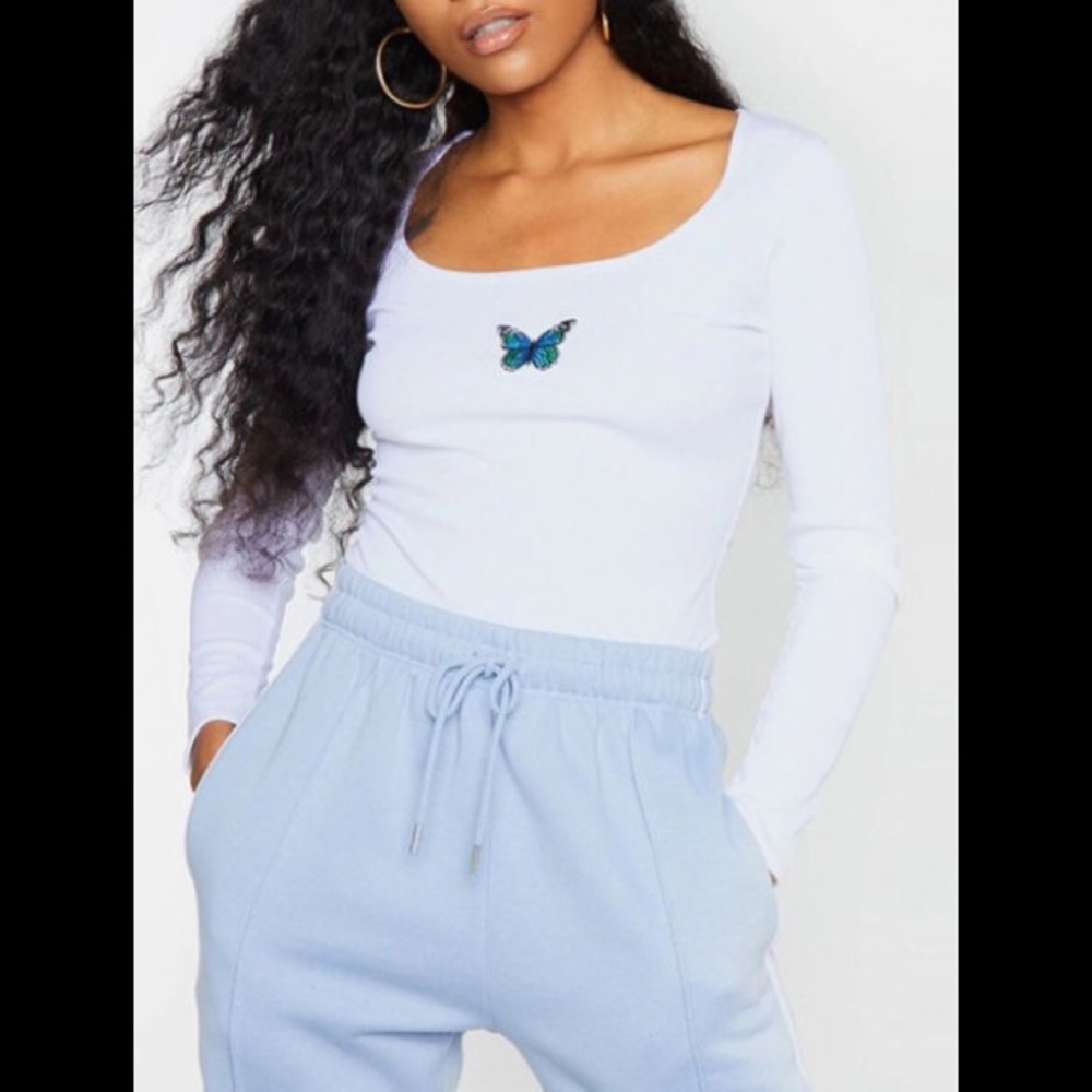 Rib Knit 🦋 Blue Butterfly 🦋 embroidery Long Sleeve White Bodysuit